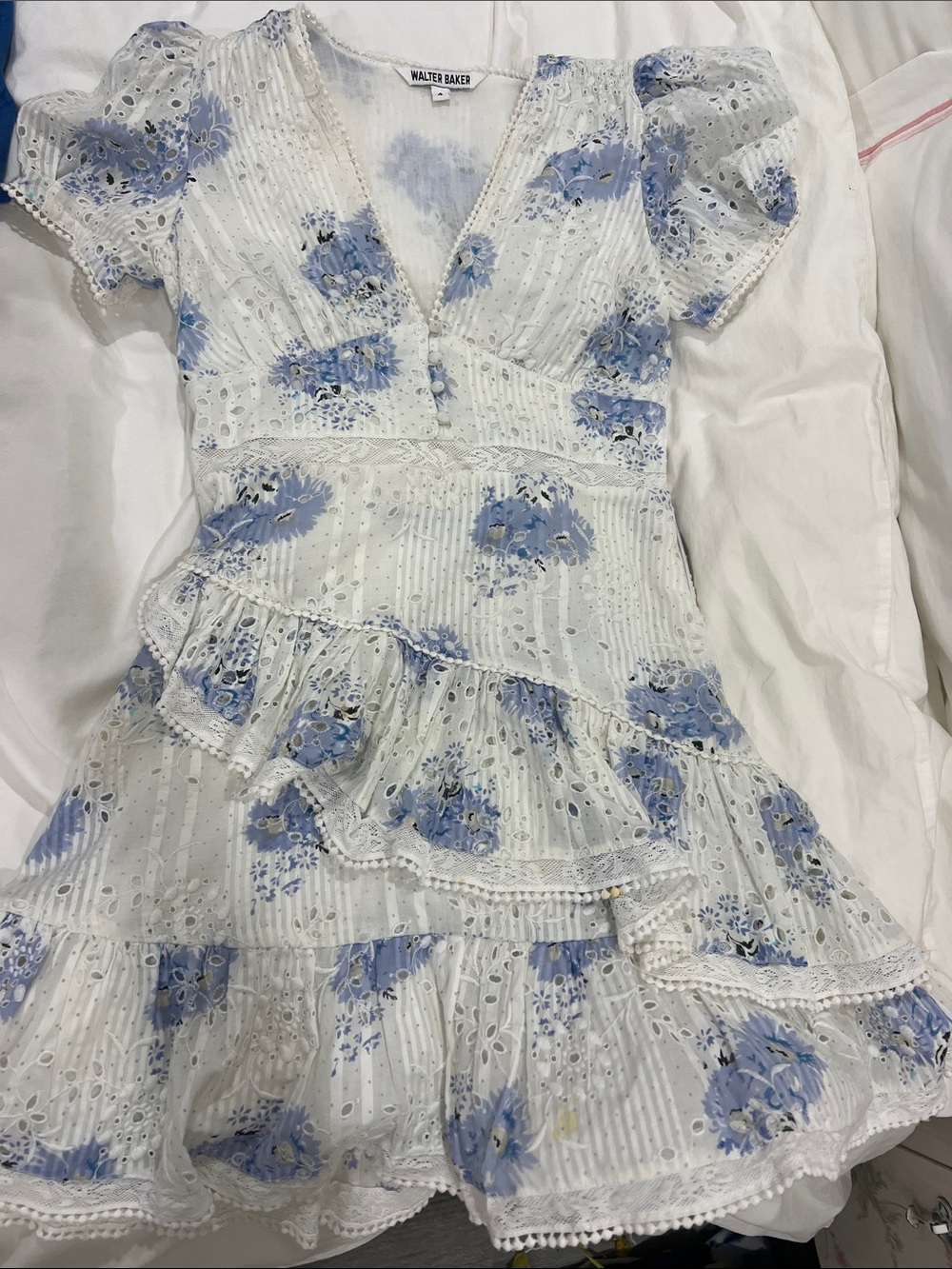 Walter Baker White Dress with Light Blue Floral Eyelet